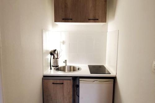 une petite cuisine avec un évier et un comptoir dans l'établissement Studio 2 proche du Jardin des plantes de Rouen, à Rouen