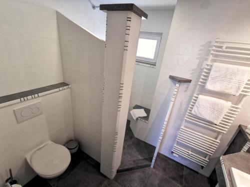 a white bathroom with a toilet and a sink at Appartements Biedermeier in Bad Krozingen