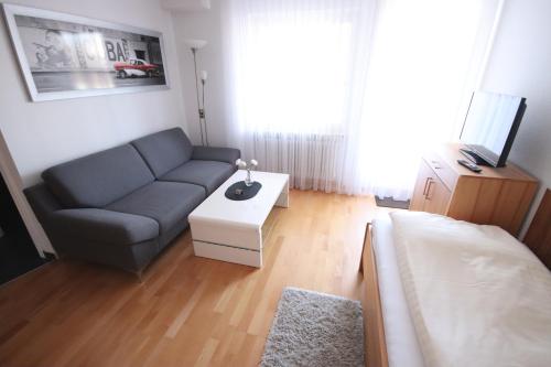 a living room with a couch and a table at Appartements Biedermeier in Bad Krozingen
