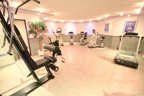 a gym with treadmills and machines in a room at Appartements Biedermeier in Bad Krozingen