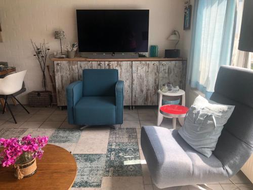 sala de estar con silla azul y TV en Rekerlanden 211, en Warmenhuizen