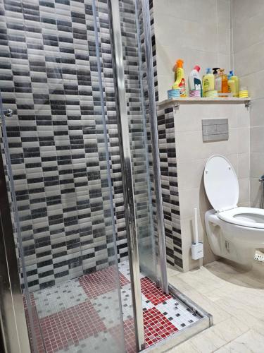 een douchecabine in een badkamer met een toilet bij Belle Apparemment à agadie bay in Agadir