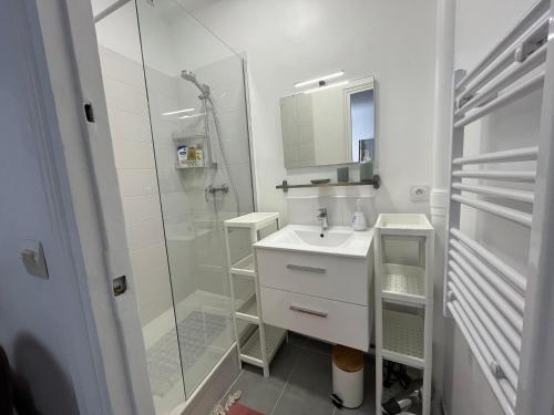une salle de bain blanche avec un lavabo et une douche dans l'établissement Le Clos Fleuri - 43m2 appartement calme avec jardin - 15 mns du centre de Paris, à Fontenay-sous-Bois
