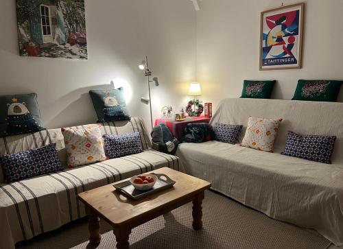 un salon avec deux canapés et une table basse dans l'établissement Le Clos Fleuri - 43m2 appartement calme avec jardin - 15 mns du centre de Paris, à Fontenay-sous-Bois