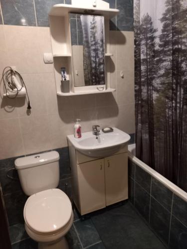 een badkamer met een toilet, een wastafel en een spiegel bij 2Anna Apartments in Surčin