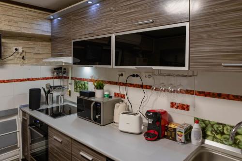 a kitchen with a counter top with a microwave at Exclusive Apartment in Giurgiu