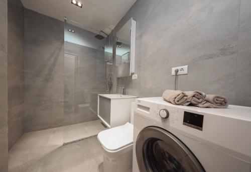 a bathroom with a washing machine and a toilet at Apartment Alpi in Peje