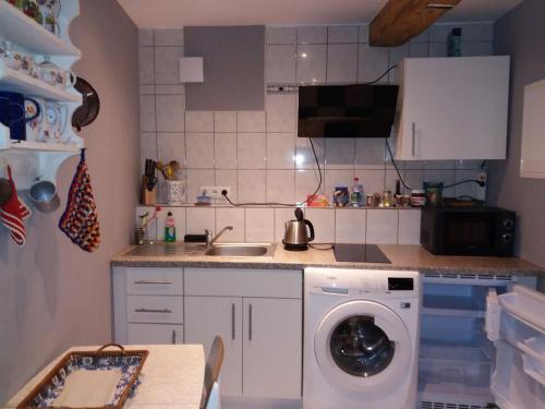 cocina con lavadora y fregadero en Ferienwohnung Meier, en Gumperda