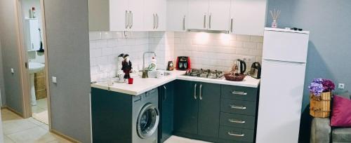 een keuken met een wastafel en een wasmachine bij Vake Residence cloze to Park Mziuri in Tbilisi City