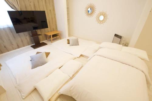 a white room with a couch and a tv at FINOA Residential Suite Kameari in Tokyo