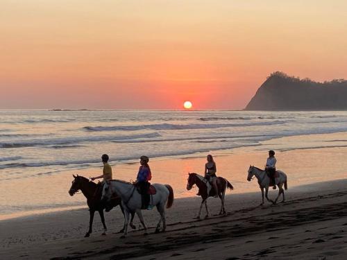 four people riding horses on the beach at sunset at Boutique Tropical Retreat, Sleeps 10, Perfect for Friends and Fams in Sámara
