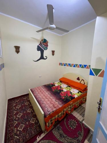 a small room with a bed with a sticker on the wall at Shater Nubian House in Aswan