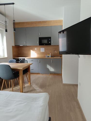 a room with a kitchen and a table and a kitchen at Guesthouse Haler in Podčetrtek