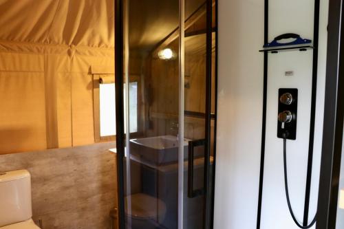 a glass shower in a bathroom with a toilet at Camping De Heerlijkheid Vorenseinde in Rucphen