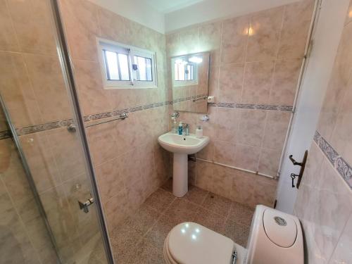 een badkamer met een toilet, een wastafel en een douche bij En Santana centro, casa entera con vista al mar y la montaña in Santana