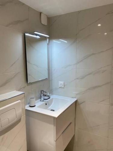 une salle de bain blanche avec un lavabo et un miroir dans l'établissement Esprit Romantique, à Mulhouse
