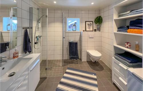 ein Bad mit einer Dusche, einem WC und einem Waschbecken in der Unterkunft Cozy Apartment In Sjusjen With Kitchen in Sjusjøen