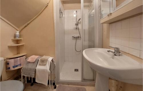 uma casa de banho branca com um lavatório e um chuveiro em Stunning Home In Champeaux With Kitchen em Moisenay