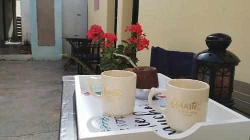 two coffee mugs sitting on a tray on a table at La Puerta Verde in Humahuaca