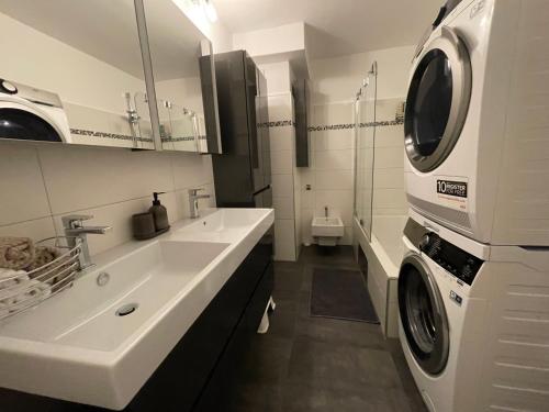 a bathroom with a sink and a washing machine at Cozy apartment in Vienna in Vienna