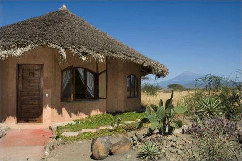 a small house with a thatched roof in a field at Kia Lodge in Arusha