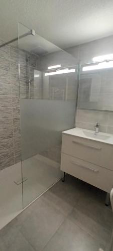 une salle de bain avec une douche en verre et un lavabo dans l'établissement LE LAGON Maison avec immense terrasse - piscine partagée et plage à 300 m, à Saint-Cyprien