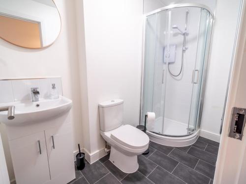 a white bathroom with a toilet and a shower at Pass the Keys Beautiful 1 bedroom apartment in Nottingham