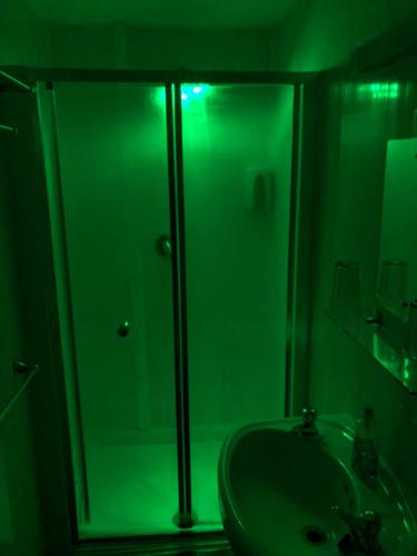 a green bathroom with a shower and a sink at Chaplins in Blackpool