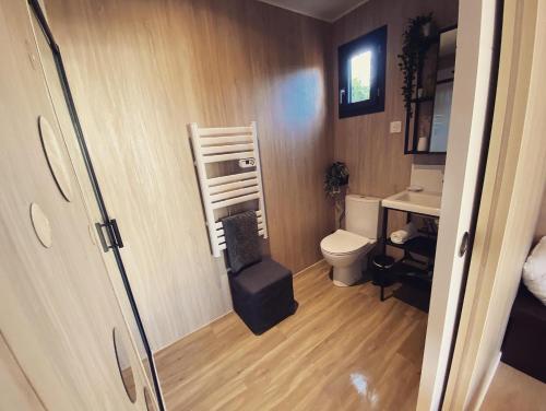 La petite salle de bains est pourvue de toilettes et d'un lavabo. dans l'établissement La cabane du pecheur, à Aix-les-Bains