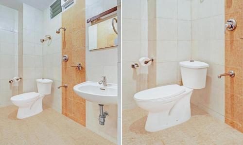 Duas fotografias de uma casa de banho com WC e lavatório. em Hotel Prime Pavilion-MG ROAD em Bangalore
