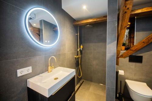 uma casa de banho com um lavatório e um espelho em Spectacular 70m2 Penthouse with Terrace em Eindhoven