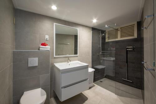 een badkamer met een wastafel, een toilet en een douche bij Piscadera Bay Resort 24 in Willemstad