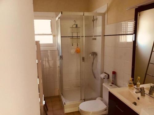 La salle de bains est pourvue d'une douche, de toilettes et d'un lavabo. dans l'établissement Villas Cap Est OFFRE SPECIALE PONT DE MAI 1 NUIT OFFERTE, au François