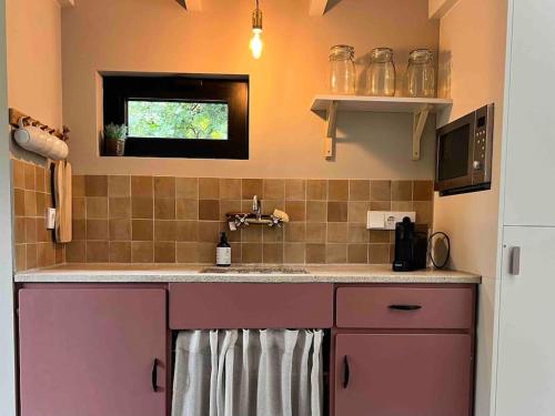 een keuken met paarse kasten en een wastafel bij Duynbossie in Schoorl