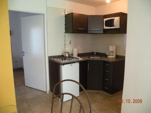 a small kitchen with a stove and a microwave at Terrabella Apart -dos piscinas- in Mendoza
