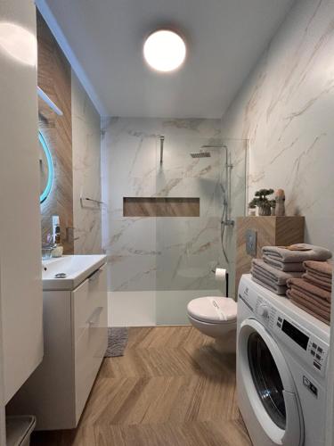 een badkamer met een wasmachine en een toilet bij BoleslaviaApartments - Apartament Merci 2, parking free in Bolesławiec