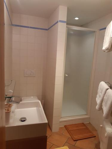 een badkamer met een douche, een bad en een wastafel bij Au Coin des Fagnes in Jalhay