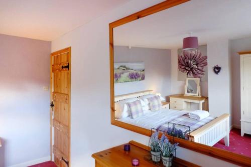 a bedroom with a large mirror on the wall at Onnen Fawr Farmhouse in Brecon