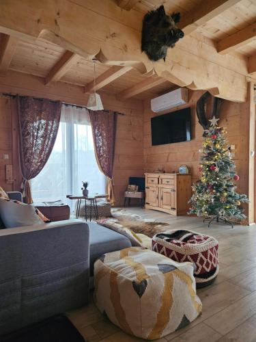 een woonkamer met een kerstboom en een bank bij Góralska Chatka z Balią 2 - ZAKOPANE in Zakopane