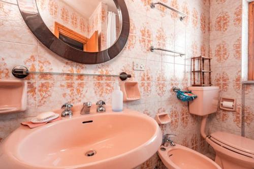 un bagno con lavandino, WC e specchio di La Mansarda di Prato Nevoso a Prato Nevoso