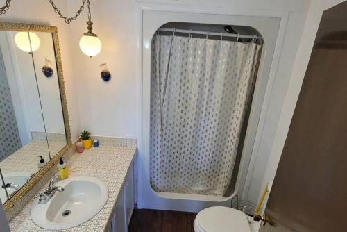 W łazience znajduje się umywalka, toaleta i lustro. w obiekcie Campau Lake Sunshine cottage w mieście Cascade
