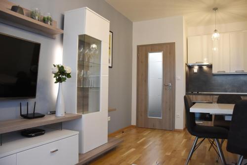 een woonkamer met een tv en een tafel en een keuken bij Apartmán Bára in Cerny Dul