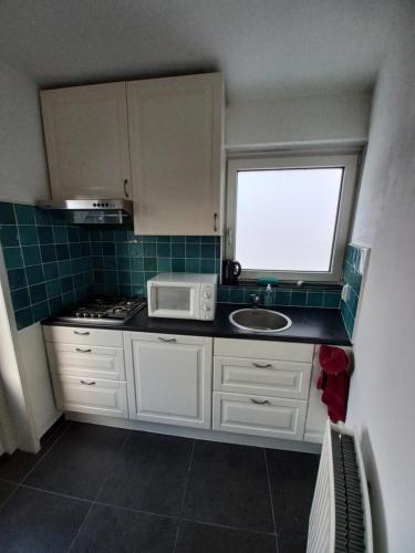 a small kitchen with a sink and a microwave at Top! Appartement Valkenburg in Valkenburg