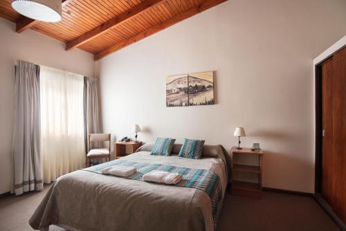um quarto com uma cama, uma secretária e uma janela em Hotel Amado em El Calafate
