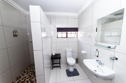 Kleinplasie Guesthouse في جلوسوب: حمام أبيض مع حوض ومرحاض