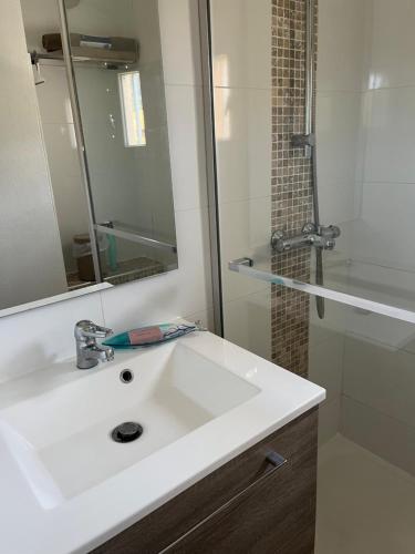 ル・ラヴァンドゥーにあるLe Lavandou St Clairの洗面台とシャワー付きの白いバスルーム