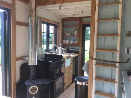 a kitchen with an old fashioned stove in a tiny house at The Mallard Shepherd's Hut with Hot Tub in Brecon