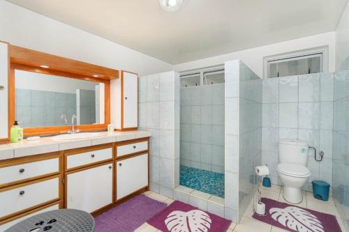 a bathroom with a shower and a toilet and a sink at Nunaatini Lodge in Faaa