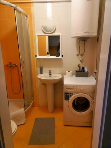uma pequena casa de banho com um lavatório e uma máquina de lavar roupa em Anchy Apartment em Belgrado