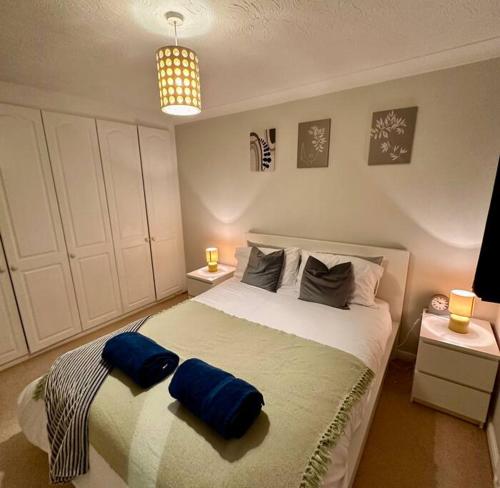 1 dormitorio con 1 cama con 2 almohadas azules en Teta's House! en Oxford